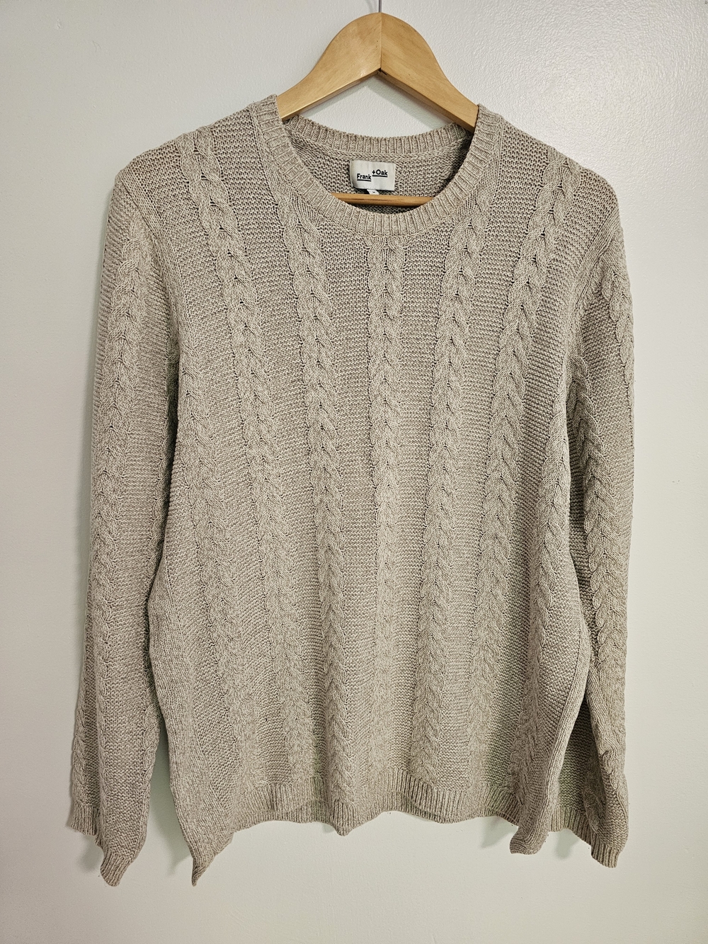 Frank And Oak Classic Fit Cable Knit Pullover Sweater Cotton Blend Beige Medium